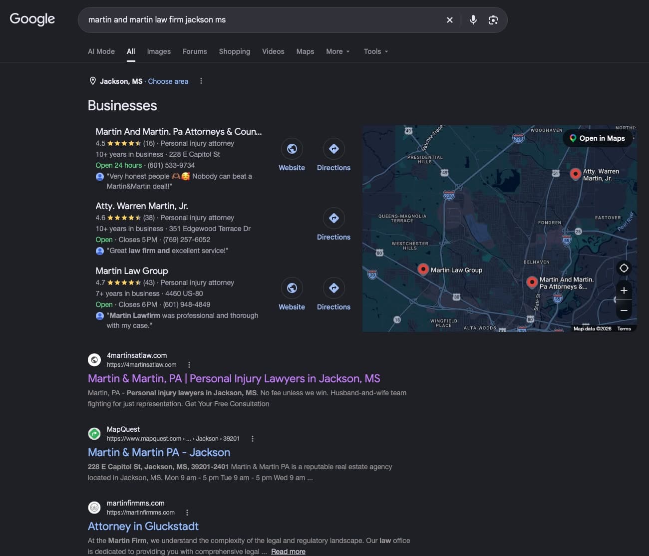 Google results for “martin and martin law firm jackson ms”, with Martin & Martin, PA first in the map results and first among the websites